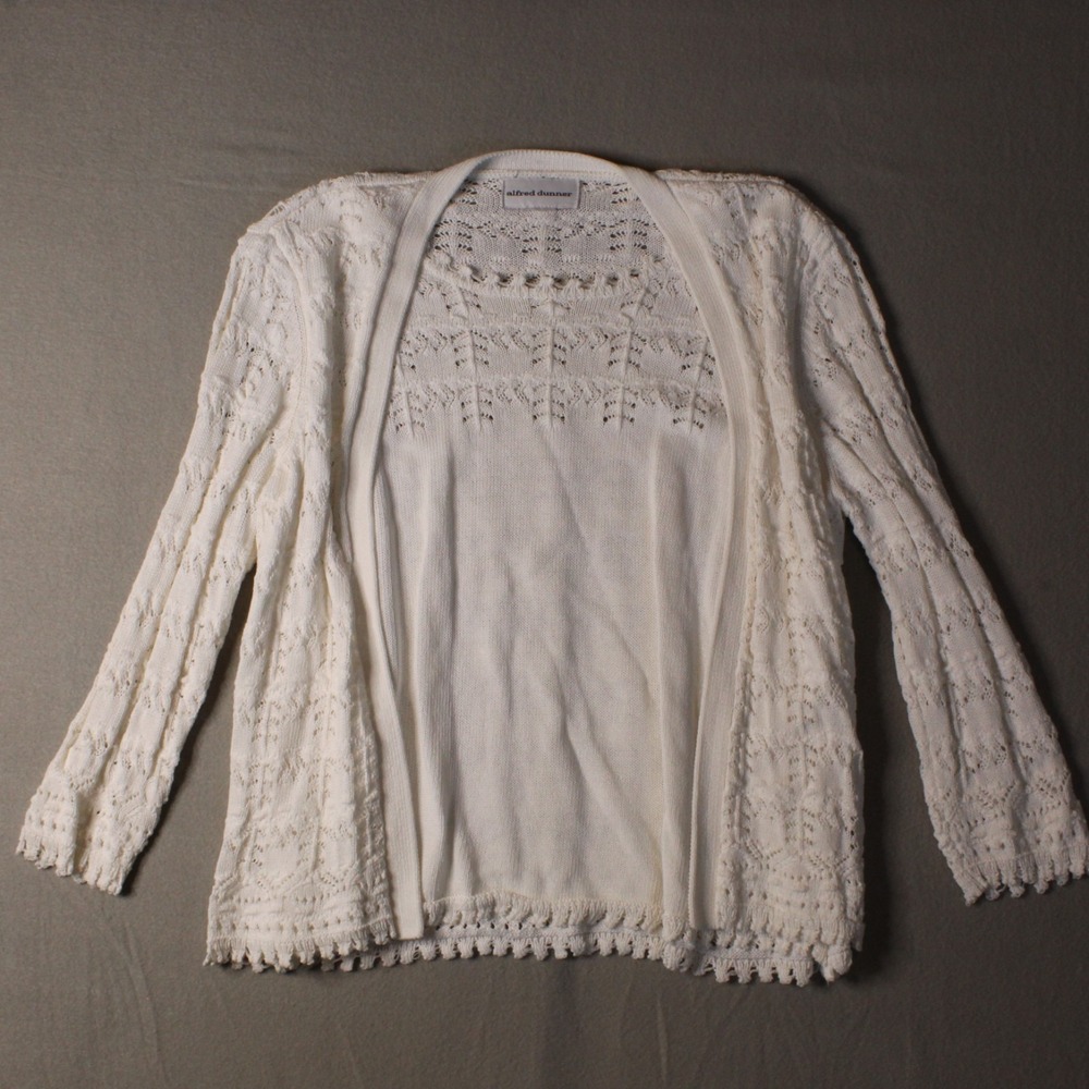 Alfred Dunner Womens White Open Knit Cardigan Sweater Size XL? Crochet Top